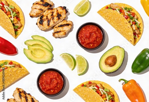 Colorful arrangement of fresh ingredients featuring grilled chicken tacos, avocado slices, lime wedges and vibrant bell peppers exemplifying bright culinary creativity and gastronomic delight