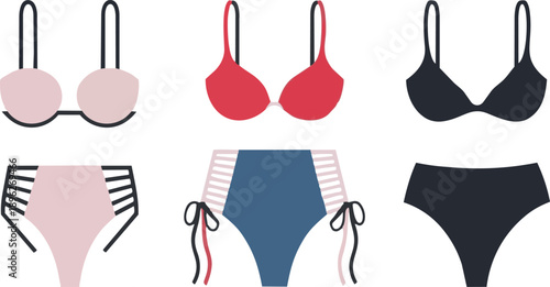 Colorful bikini bottom collection set pink red blue black swimwear panties with tie strings isolated on white background. Women's summer beach fashion underwear vector illustration