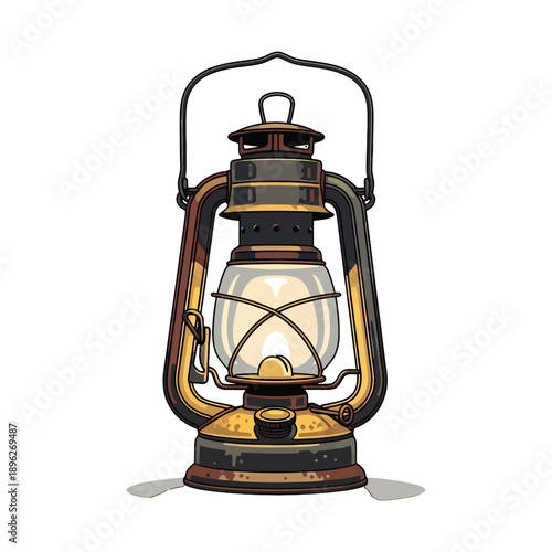 Illustration of a vintage metal lantern with a handle and glass chimney on a white background
