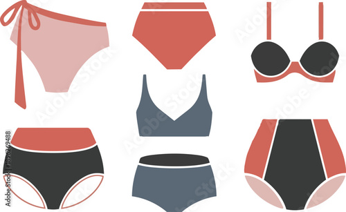 Colorful bikini bottom collection set pink red blue black swimwear panties with tie strings isolated on white background. Women's summer beach fashion underwear vector illustration