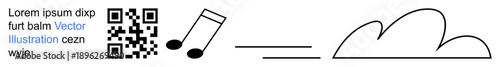 Digital technology, music apps, communication, creativity, coding, and data sharing. Visual includes a QR code, musical notes lines and a cloud. Digital technology and music apps concept