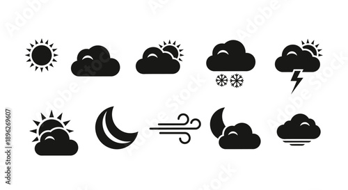 Comprehensive black weather icon pack including night and fog symbols.