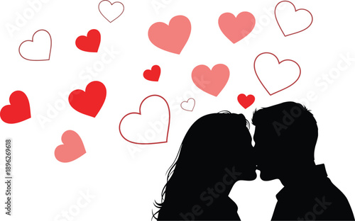 Couple Silhouette Kissing with Hearts
