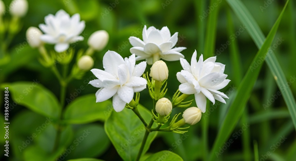 Fototapeta premium Close up of delicate white flowers blooming amidst green foliage