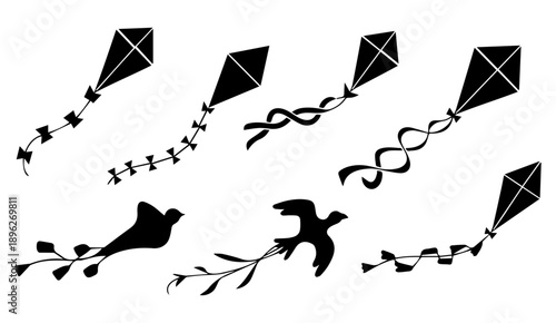 kite flying in the sky silhouette vector set on white background, vector, silhouette, design, kite, flying, hand drawing, black, set