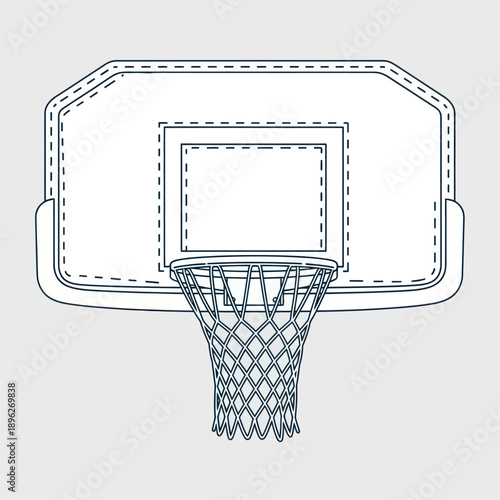 Basketball hoop, backboard and net outline drawing on gray background