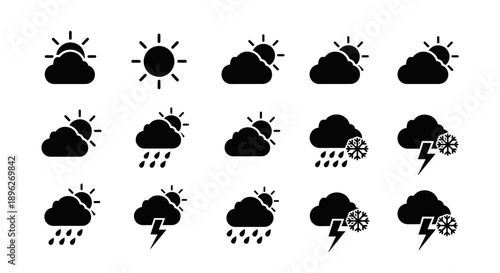 Comprehensive Black Silhouette Weather Forecast Icon Set for Digital Interfaces.