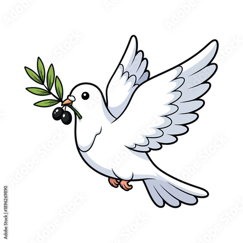 Cartoon white dove flying with olive branch and black olives in beak on white background