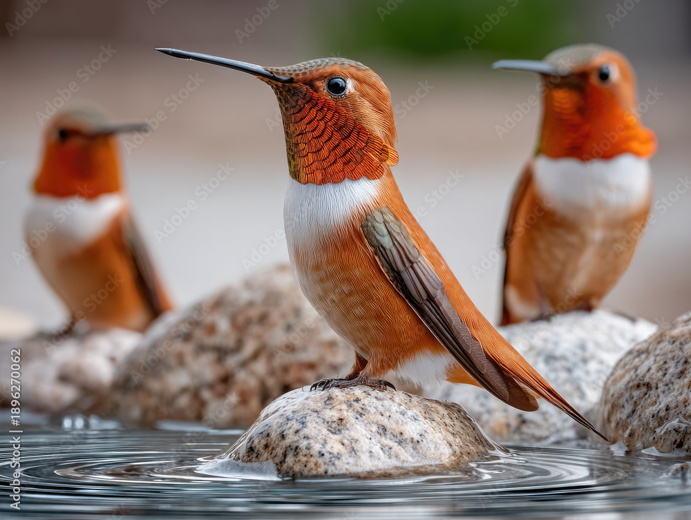 Fototapeta premium Three rufous hummingbirds perched on smooth rocks near water, vibrant orange feathers, natural outdoor setting, peaceful scene