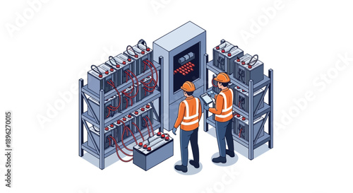 Two workers in orange vests inspecting industrial battery storage units in a warehouse