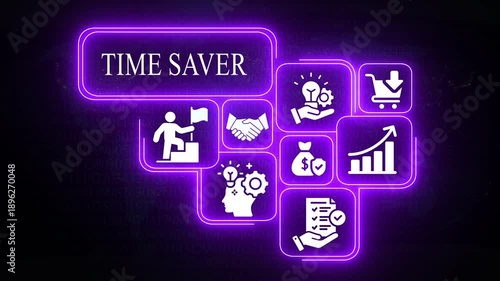 Neon glowing icons representing time saver concepts on a dark digital background Keywords: time saver, business, success, strategy, growth, teamwork, innovation, efficiency, achievement, goal