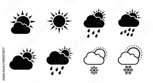 Minimalist Weather Icons Set Showing Sun Clouds Rain and Snow.