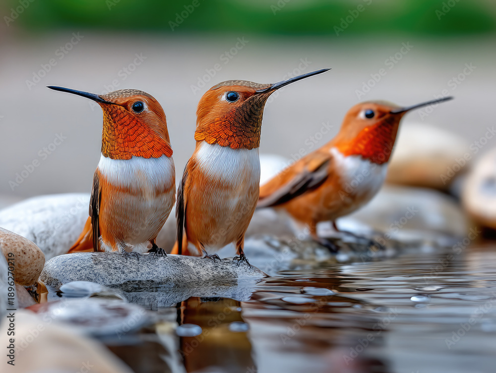 Fototapeta premium Three rufous hummingbirds perched on river rocks, vibrant orange feathers, natural outdoor setting, calm water reflection