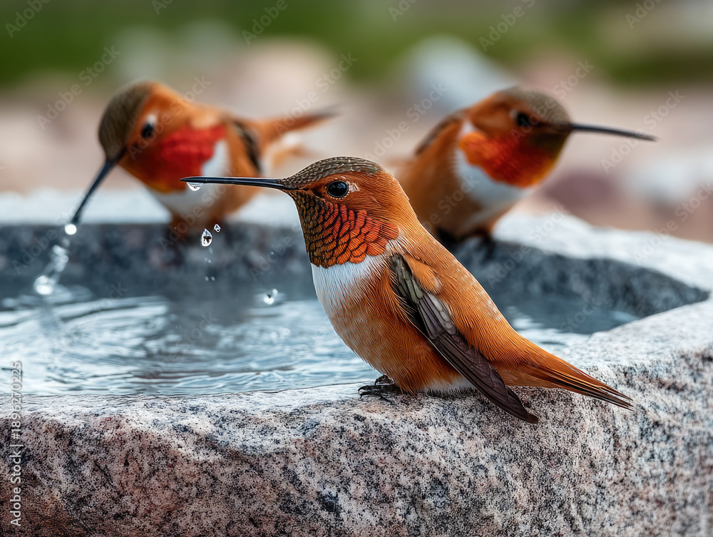 Fototapeta premium Three rufous hummingbirds perch at stone birdbath, vibrant orange feathers and water droplets create lively natural scene