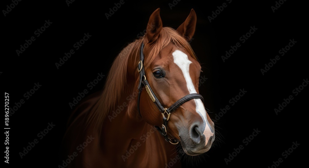 Fototapeta premium A regal brown horse with white blaze, wearing a bridle, isolated on black