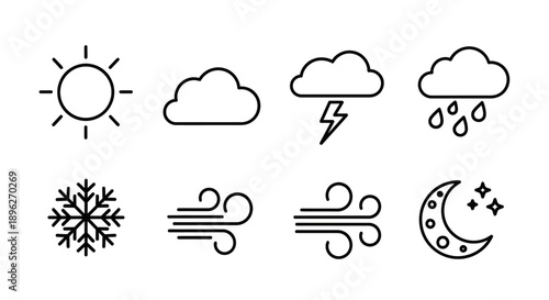 Thin line style weather icons set on white background isolated.