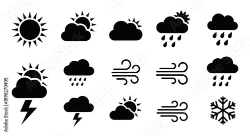 Weather condition icons collection with wind gusts and rainy clouds.