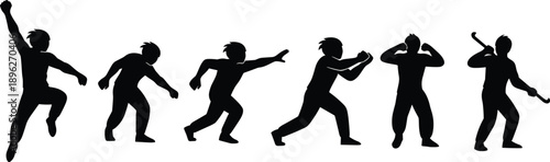 Dynamic human silhouettes, action poses, black vector icons, motion study, character design, physical movement, sports gesture, animation reference, body stance