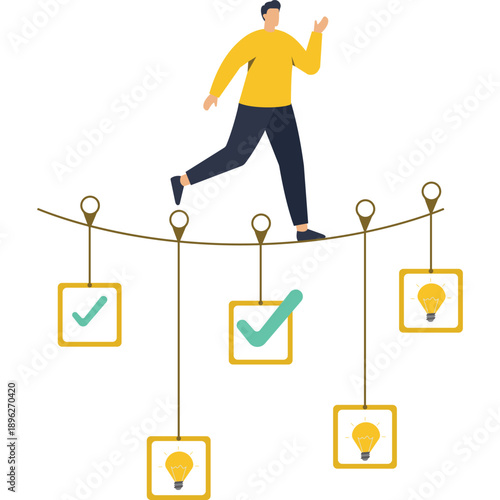 Abstract illustration of a man walking on a tightrope with ideas and checkboxes