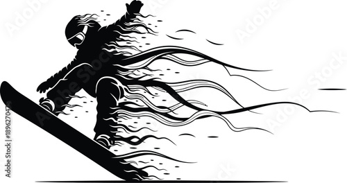 Stylized black and white graphic design illustrating a dynamic snowboarder performing a high-speed jump with trails emphasizing motion and energy.