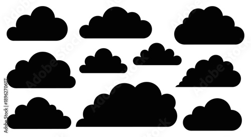 Collection of fluffy black cloud silhouettes in various organic shapes.