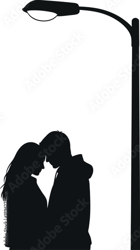 Silhouette illustration of a romantic couple embracing intimately beneath the warm glow of a solitary streetlamp on a bright background