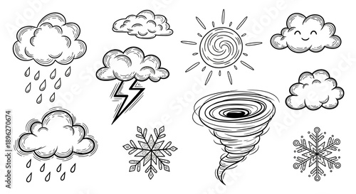 Hand drawn doodle weather icons featuring tornado sun and clouds.