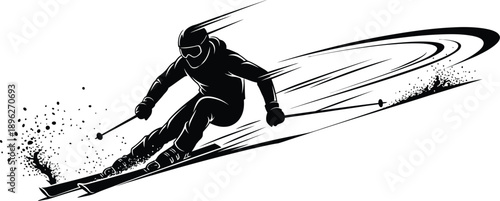 Dynamic black and white silhouette of a professional skier carving a sharp turn down a snowy slope creating motion trails