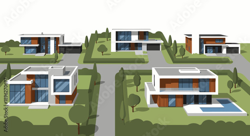Modern suburban neighborhood with stylish homes and green lawns