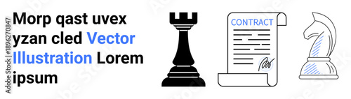 Business strategy, legal agreements, decision-making, risk management, negotiation, corporate planning. Black chess rook, contract with signature and chess knight icons. Business strategy and legal