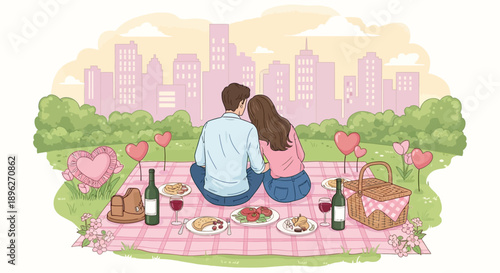 Illustration of a romantic couple having a picnic in a park with a city skyline in the background.