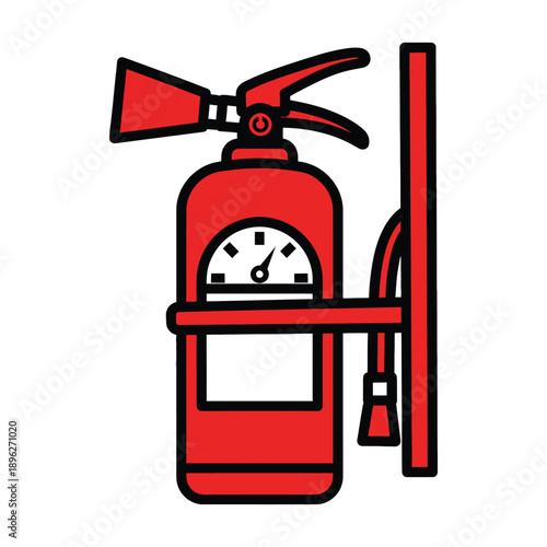 Illustration of a red fire extinguisher mounted on a wall with a pressure gauge.