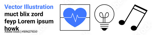 Health, ideas, creativity, innovation, music, design. Blue heart with pulse, light bulb and musical note symbols. Health and ideas concept linked to creativity and innovation