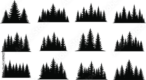 Set of black pine forest silhouettes, coniferous woodland tree line clip art, evergreen timber nature landscape icons, outdoor wilderness vector illustration for design