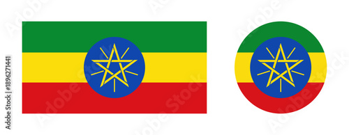 Ethiopia flag round, rectangular icons. Set of National flag of Ethiopia circle, rectangle badge, symbol. Ethiopia flag button, sign.