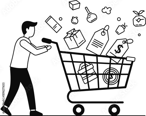 Shopping cart icon, consumer goods, retail concept, e-commerce illustration, purchase symbols, black vector graphic, product variety, digital market, buying activity
