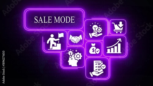 Neon Sale Mode Infographic with Business Icons and Digital Background Keywords: sale mode, business, infographic, neon, icons, digital, background, marketing, strategy, success, growth, shopping