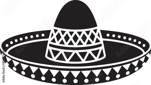 Black Sombrero Hat Silhouette Icon with Decorative Pattern on White Background