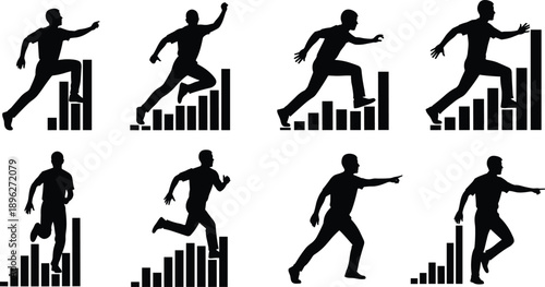 Silhouettes over bar graphs, business growth concept, career progress icons, human ambition, success motion, analytics symbol, development chart, achievement pose