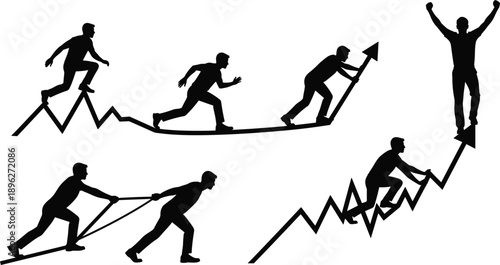 Silhouettes climbing graph arrows, success journey, teamwork effort, growth path, achievement pose, business progress, perseverance icon, goal reaching, black vector graphic