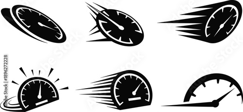 Speedometer icons, motion graphics, acceleration gauge, performance meter, velocity indicator, black vector symbols, speed concept, alert dial, racing dashboard, intensity needle