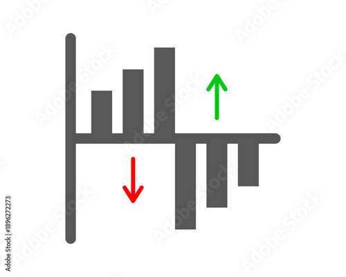Bar chart illustrating upward and downward trends with arrows. It visually represents data points both above and below a central axis, with arrows indicating general upward and downward trends. Vector