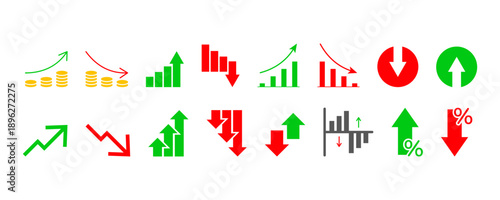 Collection of financial growth and decline chart icons. vector Icons. Used for data visualization in business and finance applications to indicate increasing or decreasing trends and more.