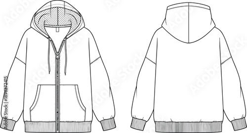 Hooded zip up sweatshirt technical fashion illustration front and back view with pockets ribbed cuffs line art apparel design