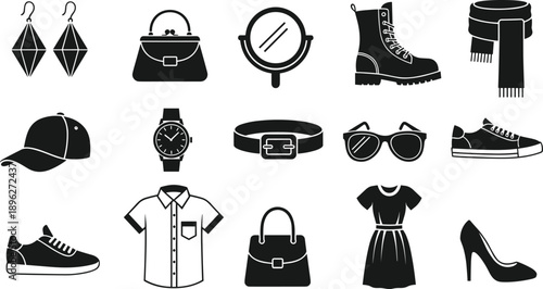 Minimal fashion accessories icon set featuring shoes bags watches eyewear clothing isolated silhouettes for modern retail design projects branding marketing