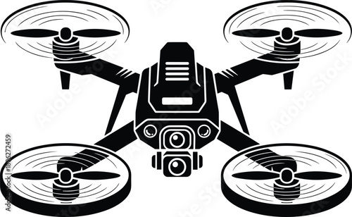 Quadcopter drone silhouette with camera showing modern aerial technology and remote controlled flying device in black and white vector illustration