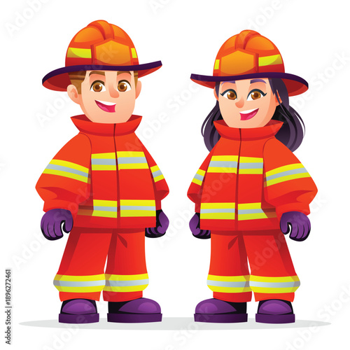 Brave young boy and girl wearing professional firefighter uniforms and helmets. Vector cartoon character illustration