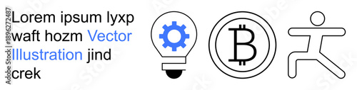 Cryptocurrency, fintech, innovation, physical activity, blockchain, digital currency. A Bitcoin logo, a light bulb with a gear and a running figure. Cryptocurrency and fintech illustrated through