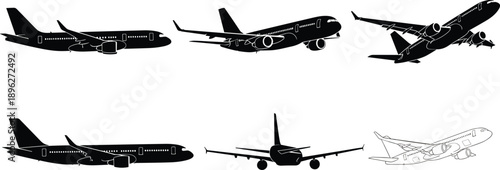 Silhouette set of commercial passenger airplanes in flight showing different angles aviation transportation vector icons isolated white background design collection