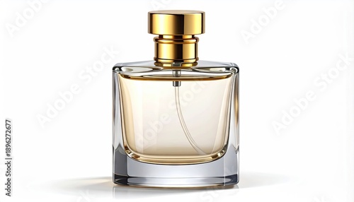 Perfume bottle with gold cap, sits on white background, showcasing elegance and fragrance.